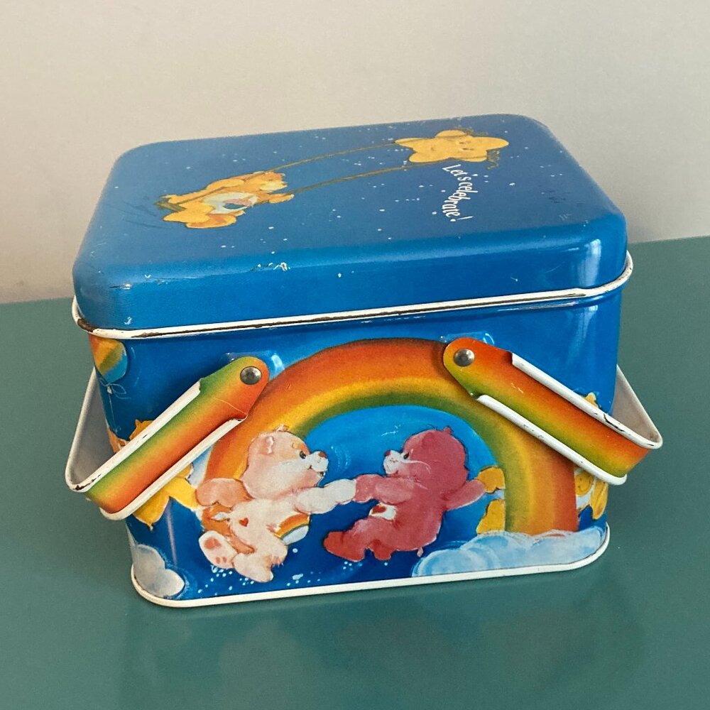American Greetings Care Bears Vintage Collectible Metal Tin Basket w/Lid/Handles - Picture 4 of 15